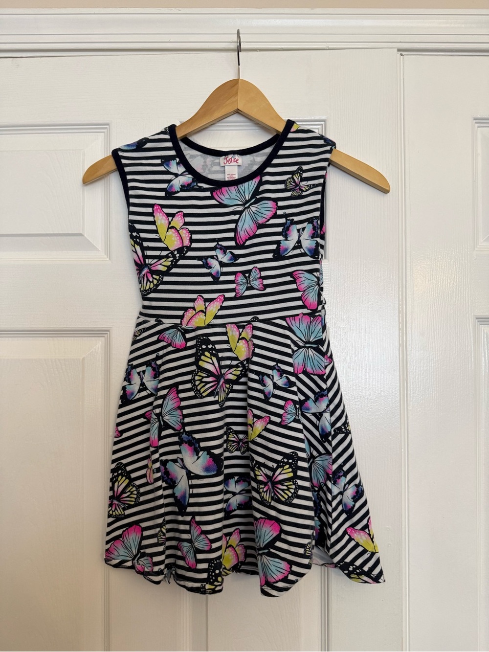 Justice Black & White Striped Dress with Pink, Blue & Yellow Butterflies